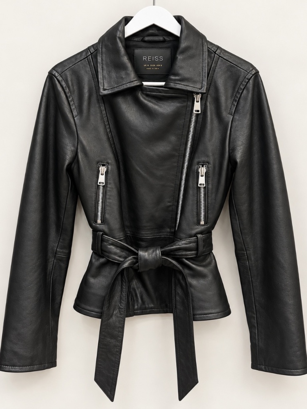 Reiss Febe Black Leather Moto Jacket Belted Size 6 NWOT